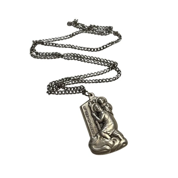 St Christopher Pendant Necklace Silver Tone Religious Medal Unisex Jewelry - Picture 2 of 9